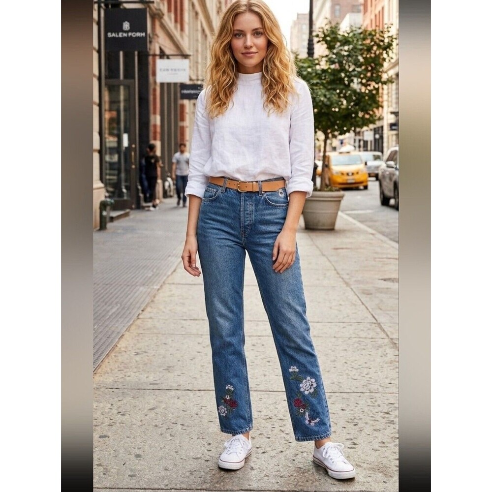 REFORMATION Embroidered High Rise Straight Cynthia Jeans